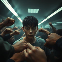 A dark and gloomy high school scene filled with tension and chaos