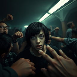 A dark and gloomy high school scene filled with tension and chaos