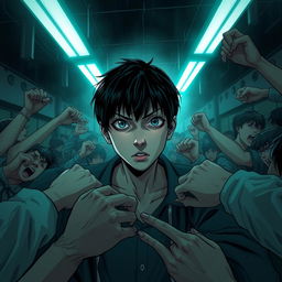 A dark and gloomy high school setting filled with tension and horror elements