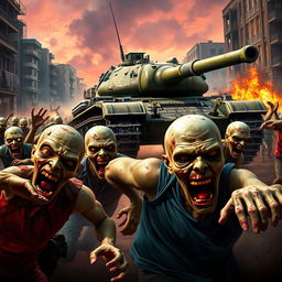 A thrilling game banner depicting a dramatic scene with zombies fleeing in the foreground, showcasing their fear and panic