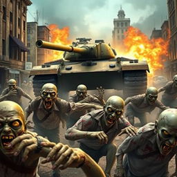 A thrilling game banner depicting a dramatic scene with zombies fleeing in the foreground, showcasing their fear and panic
