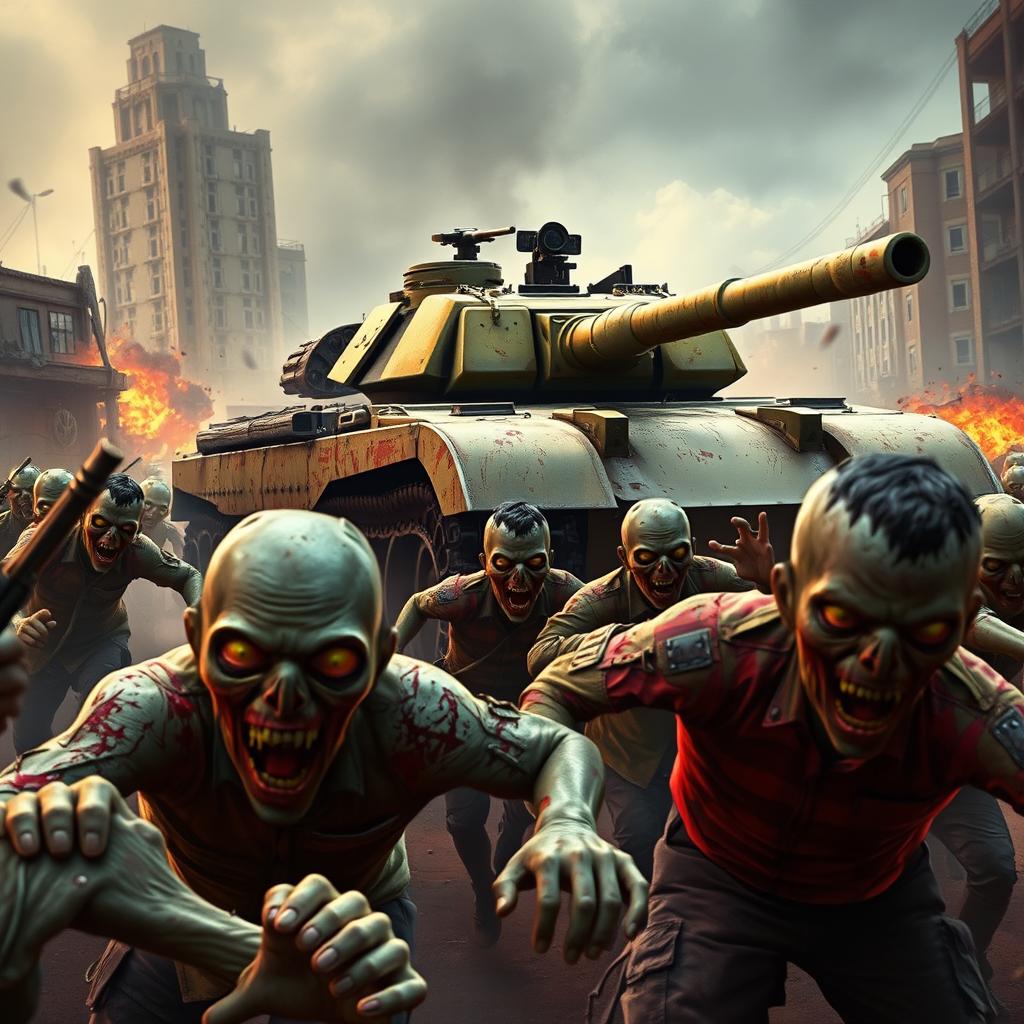 A thrilling game banner depicting a dramatic scene with zombies fleeing in the foreground, showcasing their fear and panic