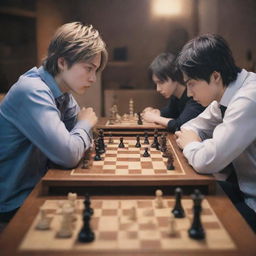 Anime-style characters deep in concentration as they sit across a chess board, engaged in a strategic battle of wits.