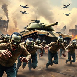 A dynamic game banner featuring an intense scene with zombies running for their lives in the foreground, showcasing their terror