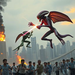 Two extraterrestrial beings engaged in an intense aerial battle, their vibrant, colorful forms clashing against the backdrop of a bustling metropolis resembling Mumbai