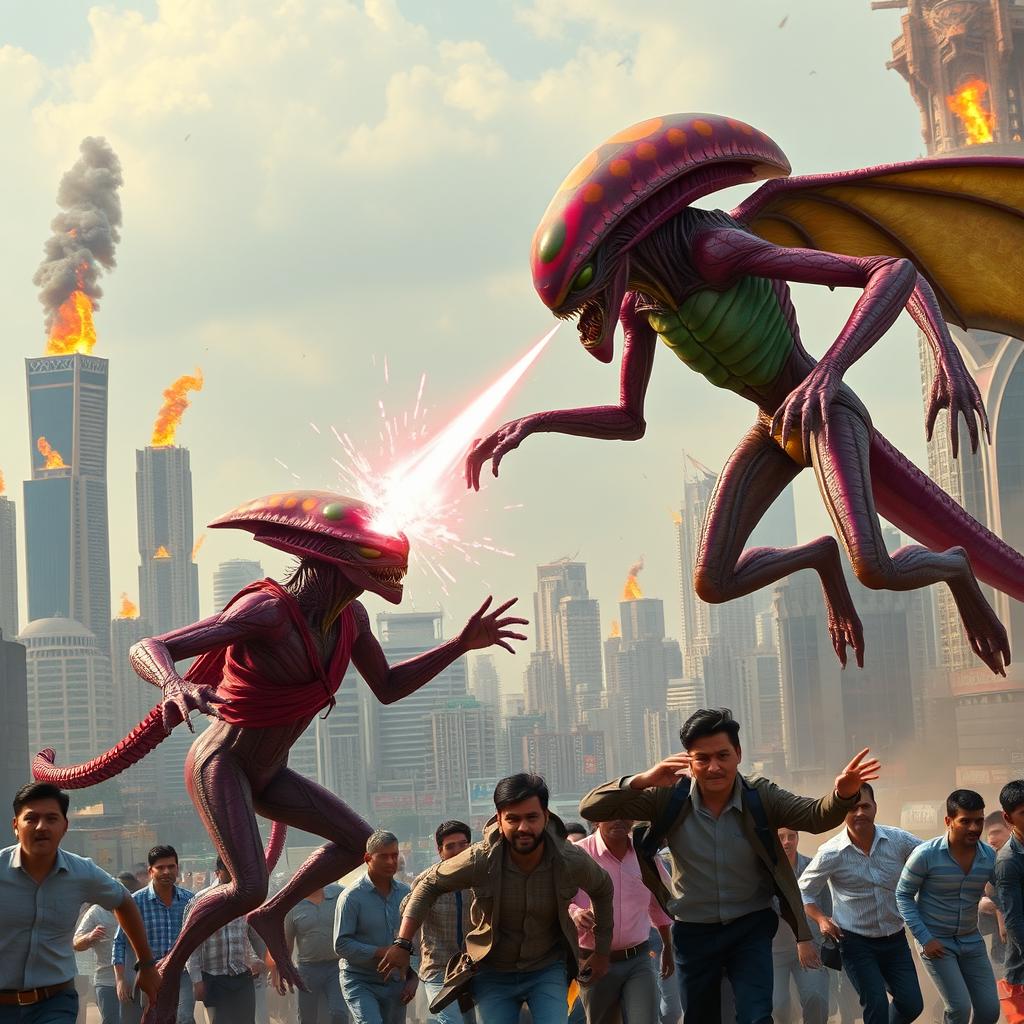 Two extraterrestrial beings engaged in an intense aerial battle, their vibrant, colorful forms clashing against the backdrop of a bustling metropolis resembling Mumbai