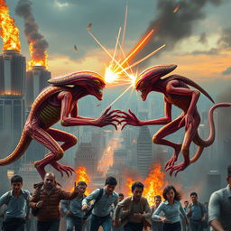 Two extraterrestrial beings engaged in an intense aerial battle, their vibrant, colorful forms clashing against the backdrop of a bustling metropolis resembling Mumbai