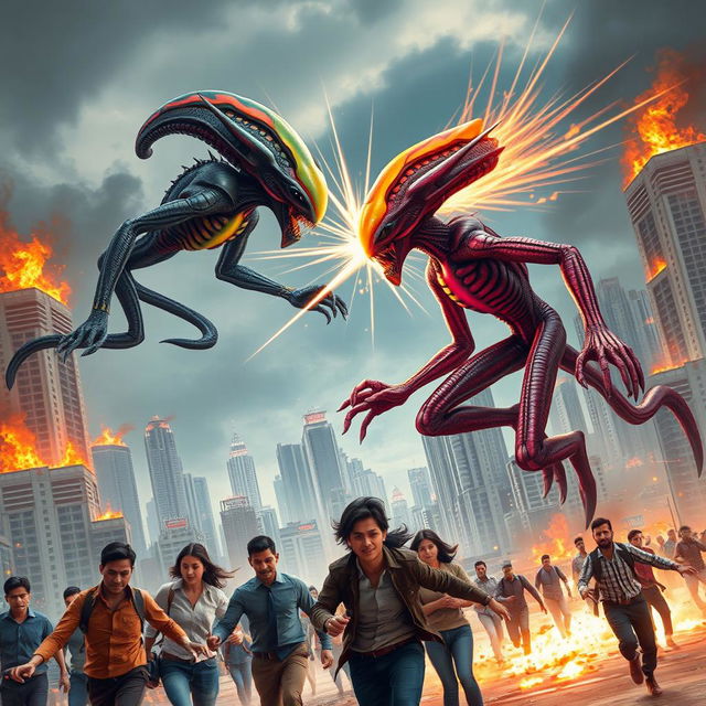 Two extraterrestrial beings engaged in an intense aerial battle, their vibrant, colorful forms clashing against the backdrop of a bustling metropolis resembling Mumbai