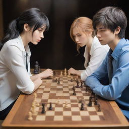 Anime-style characters deep in concentration as they sit across a chess board, engaged in a strategic battle of wits.