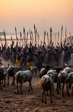 A dramatic scene set in the evening on a wide, dusty river shore, surrounded by river banks