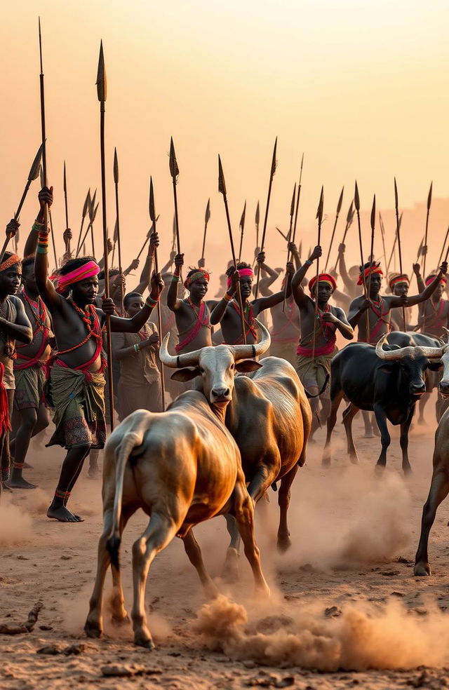 In the evening light at a wide dusty river shore, surrounded by riverbanks, around fifty traditional African men are depicted carrying spears, pangas, and other weapons