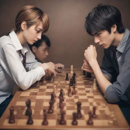 Anime-inspired characters intensely playing a game of chess, displaying a wide range of emotions as they strategize their moves