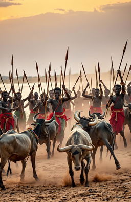 In the evening light at a wide dusty river shore, surrounded by riverbanks, around fifty traditional African men are depicted carrying spears, pangas, and other weapons