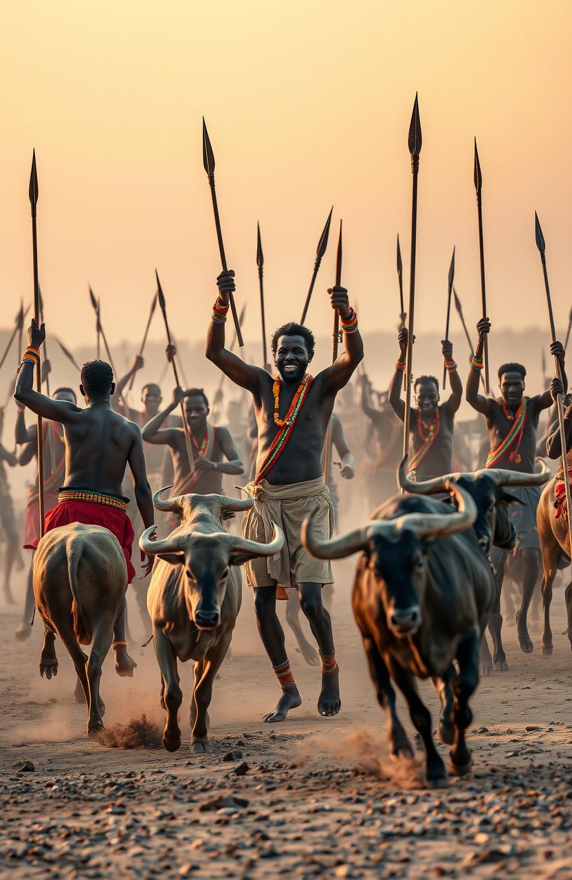 In the evening light at a wide dusty river shore, surrounded by riverbanks, around fifty traditional African men are depicted carrying spears, pangas, and other weapons