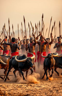 In the evening light at a wide dusty river shore, surrounded by riverbanks, around fifty traditional African men are depicted carrying spears, pangas, and other weapons