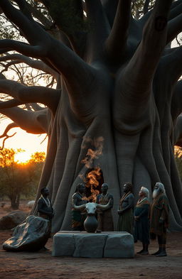 At sunset under a magnificent baobab tree with long, uncovered running roots