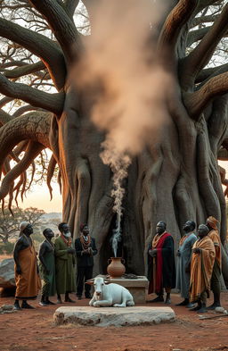 At sunset under a magnificent baobab tree with long, uncovered running roots