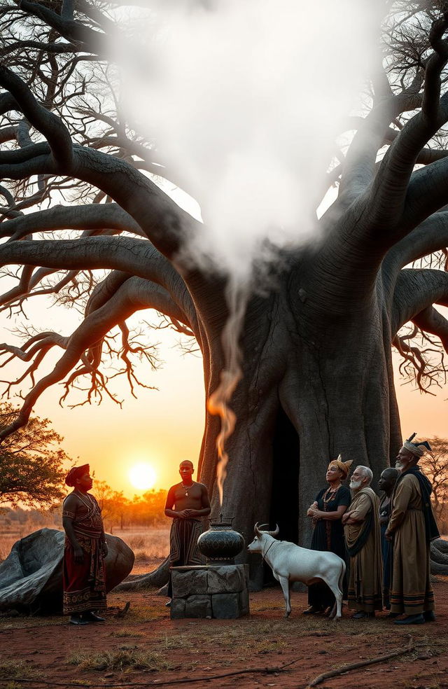 At sunset under a magnificent baobab tree with long, uncovered running roots