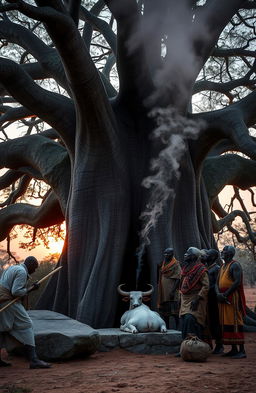 At sunset under a magnificent baobab tree with long, uncovered running roots