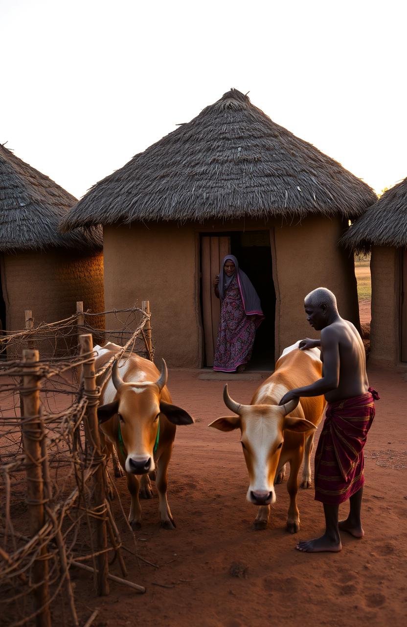 A serene sunset evening scene at a traditional East African compound featuring three huts, with a large hut at the center