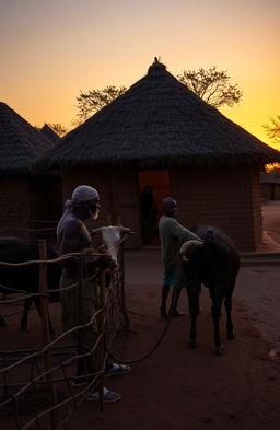 A serene sunset evening scene at a traditional East African compound featuring three huts, with a large hut at the center
