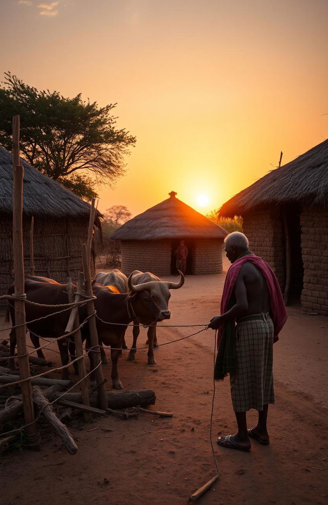 A serene sunset evening scene at a traditional East African compound featuring three huts, with a large hut at the center