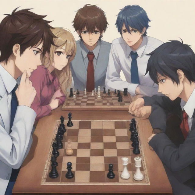 Anime-inspired characters intensely playing a game of chess, displaying a wide range of emotions as they strategize their moves