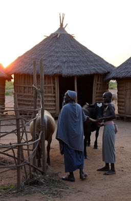 A serene sunset evening scene at a traditional East African compound featuring three huts, with a large hut at the center