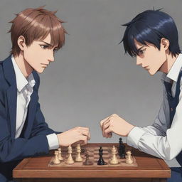 Anime-inspired characters intensely playing a game of chess, displaying a wide range of emotions as they strategize their moves