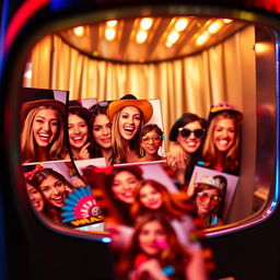A close-up shot of a film roll, with multiple photo booth pictures emerging from a vintage-style photo booth