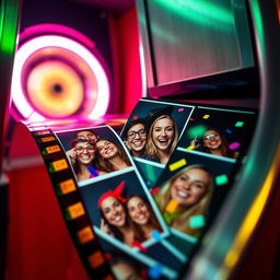 A close-up shot of a film roll, with multiple photo booth pictures emerging from a vintage-style photo booth