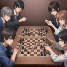 Anime-inspired characters intensely playing a game of chess, displaying a wide range of emotions as they strategize their moves