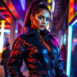 A captivating woman in a tight, shiny black latex puffer jacket that highlights her big boobs and stylish silhouette