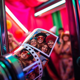 A close-up shot of a film roll with photo booth pictures coming out of a classic photo booth