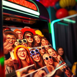 A close-up shot of a film roll with photo booth pictures coming out of a classic photo booth
