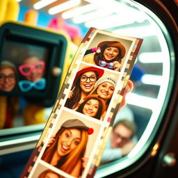 A close-up shot of a film roll with photo booth pictures coming out of a classic photo booth