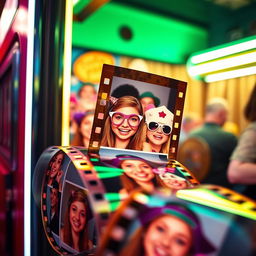 A close-up shot of a film roll with photo booth pictures coming out of a classic photo booth