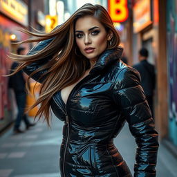 An attractive woman in a tight, shiny black latex puffer jacket that beautifully emphasizes her big boobs and curves