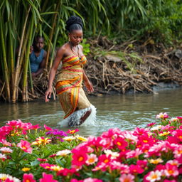 A beautiful traditional East African young woman stepping out of the water, with water rolling down her beautiful thighs, showcasing her graceful movements