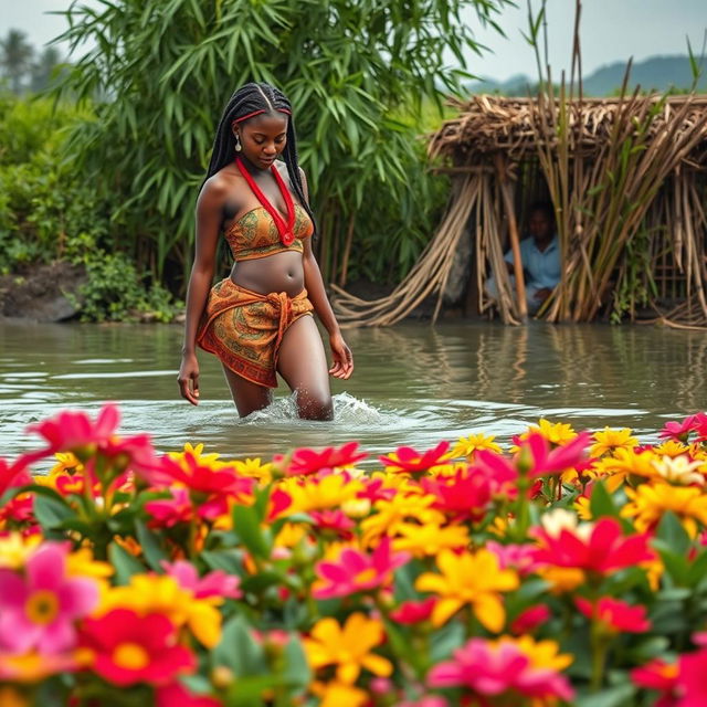 A beautiful traditional East African young woman stepping out of the water, with water rolling down her beautiful thighs, showcasing her graceful movements