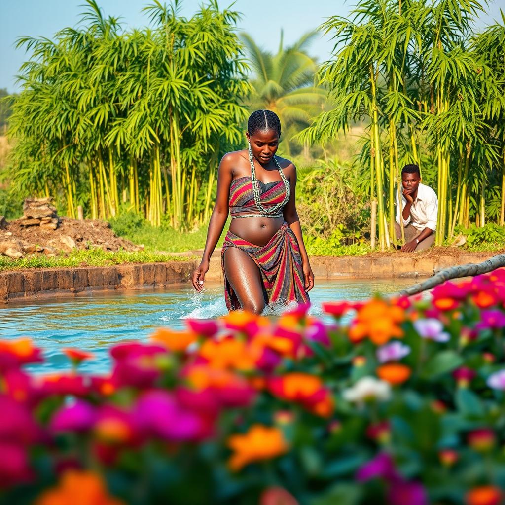 A beautiful traditional East African young woman stepping out of the water, with water rolling down her beautiful thighs, showcasing her graceful movements