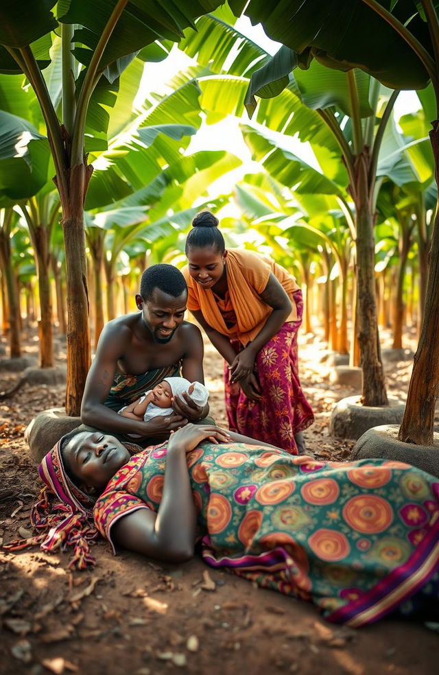 A poignant scene set beneath the lush, green shade of round planted banana trees