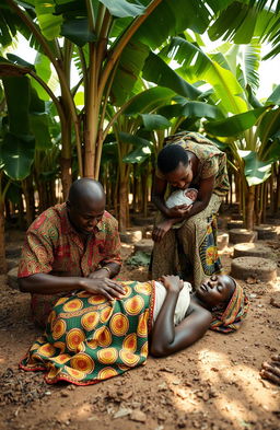 A poignant scene set beneath the lush, green shade of round planted banana trees