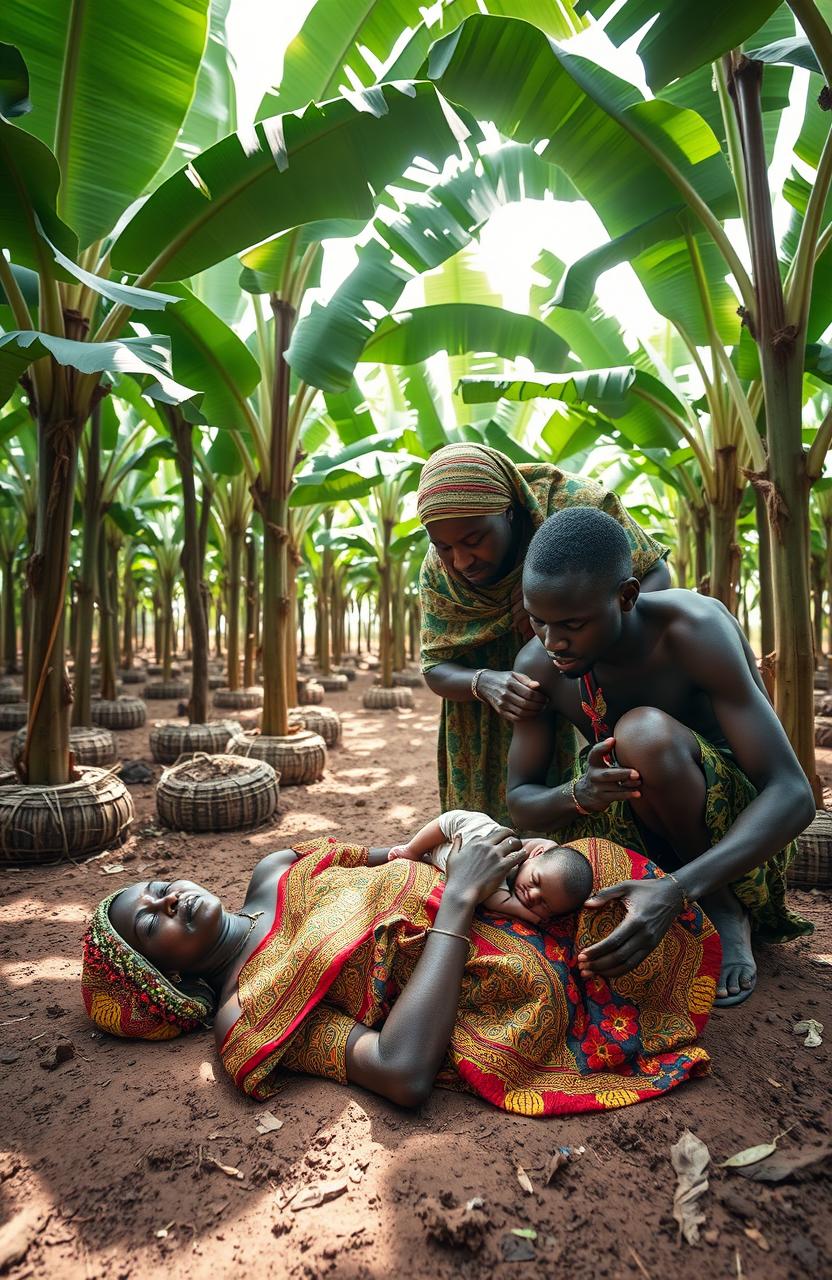 A poignant scene set beneath the lush, green shade of round planted banana trees