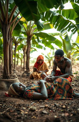 A poignant scene set beneath the lush, green shade of round planted banana trees