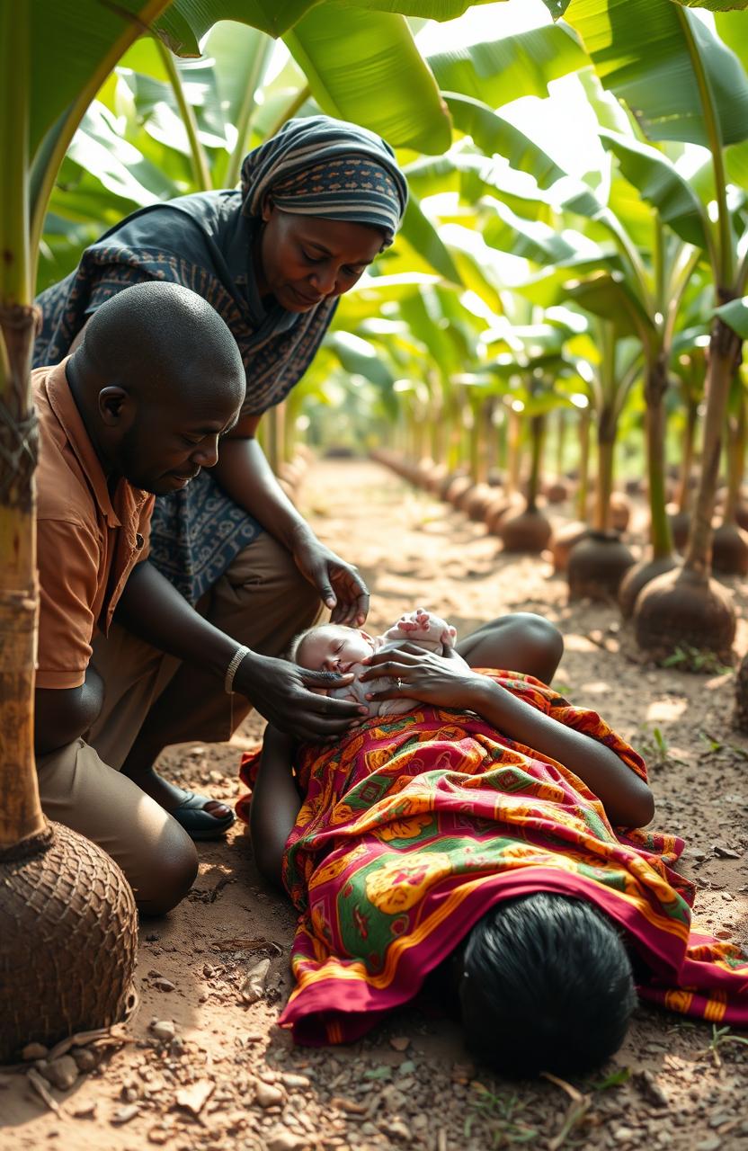 In a serene and poignant scene set in a lush environment surrounded by round planted banana trees, a traditional East African woman dressed in vibrant, colorful traditional clothing lies on the ground, appearing lifeless after giving birth