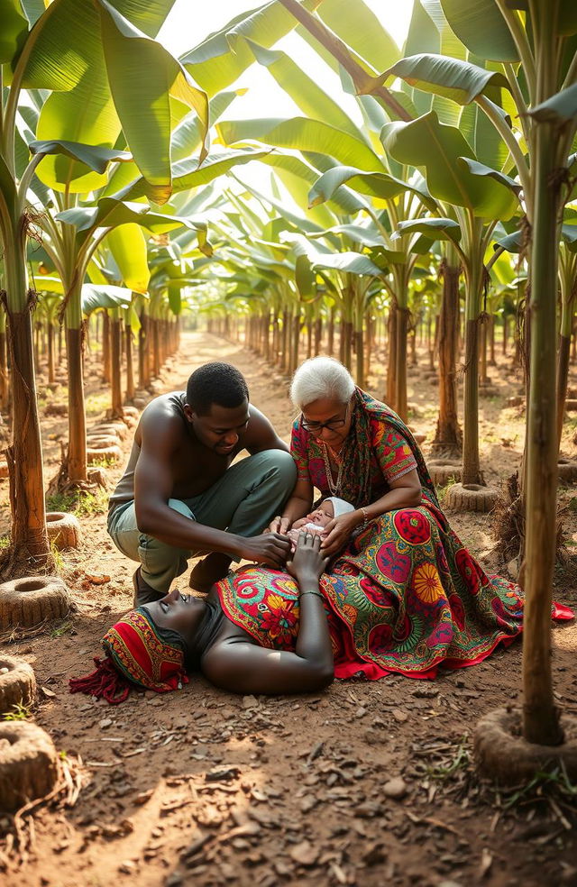 In a serene and poignant scene set in a lush environment surrounded by round planted banana trees, a traditional East African woman dressed in vibrant, colorful traditional clothing lies on the ground, appearing lifeless after giving birth