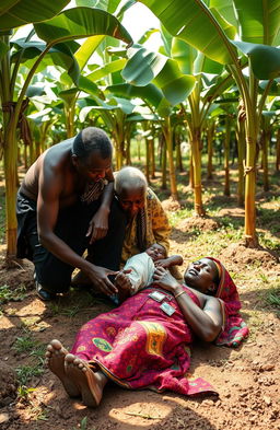 In a serene and poignant scene set in a lush environment surrounded by round planted banana trees, a traditional East African woman dressed in vibrant, colorful traditional clothing lies on the ground, appearing lifeless after giving birth