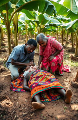 In a serene and poignant scene set in a lush environment surrounded by round planted banana trees, a traditional East African woman dressed in vibrant, colorful traditional clothing lies on the ground, appearing lifeless after giving birth