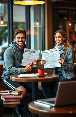 A scene depicting a handsome, athletic male soccer player and an attractive female university student sitting across from each other at a table, both holding a playful contract that says "Fake Relationship for 5 Months